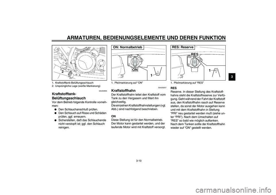 YAMAHA XJR 1300 2003  Betriebsanleitungen (in German) ARMATUREN, BEDIENUNGSELEMENTE UND DEREN FUNKTION
3-10
3
GAU02955
Kraftstofftank-
Belüftungsschlauch Vor dem Betrieb folgende Kontrolle vorneh-
men:
Den Schlauchanschluß prüfen.

Den Schlauch auf 
