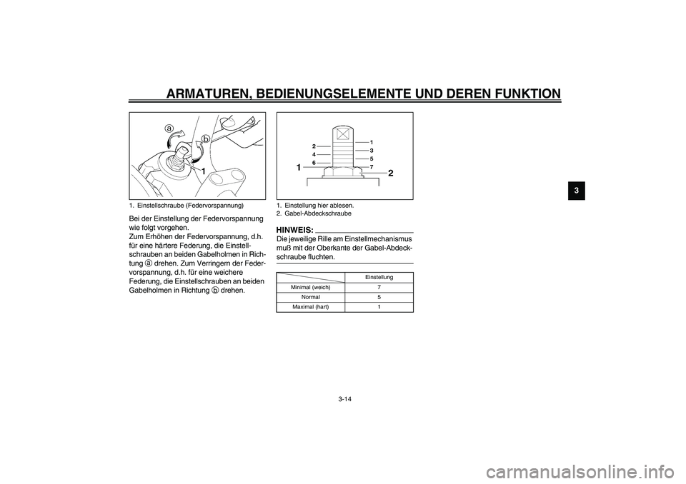 YAMAHA XJR 1300 2003  Betriebsanleitungen (in German) ARMATUREN, BEDIENUNGSELEMENTE UND DEREN FUNKTION
3-14
3
Bei der Einstellung der Federvorspannung 
wie folgt vorgehen. 
Zum Erhöhen der Federvorspannung, d.h. 
für eine härtere Federung, die Einstel