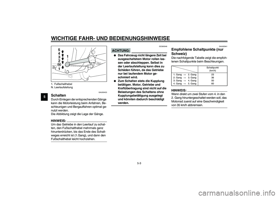 YAMAHA XJR 1300 2003  Betriebsanleitungen (in German) WICHTIGE FAHR- UND BEDIENUNGSHINWEISE
5-3
5
GAU00423
Schalten Durch Einlegen der entsprechenden Gänge 
kann die Motorleistung beim Anfahren, Be-
schleunigen und Bergauffahren optimal ge-
nutzt werden
