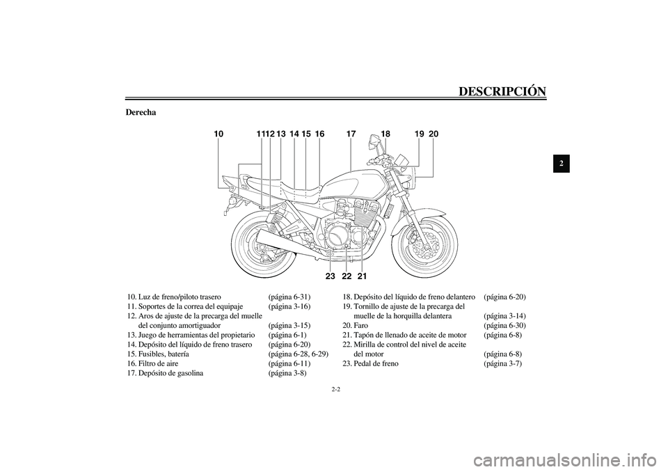 YAMAHA XJR 1300 2003 Manuale de Empleo (in Spanish) DESCRIPCIÓN
2-2
2
Derecha10. Luz de freno/piloto trasero (página 6-31)
11. Soportes de la correa del equipaje (página 3-16)
12. Aros de ajuste de la precarga del muelle
del conjunto amortiguador ( YAMAHA XJR 1300 2003 Manuale de Empleo (in Spanish) DESCRIPCIÓN
2-2
2
Derecha10. Luz de freno/piloto trasero (página 6-31)
11. Soportes de la correa del equipaje (página 3-16)
12. Aros de ajuste de la precarga del muelle
del conjunto amortiguador (