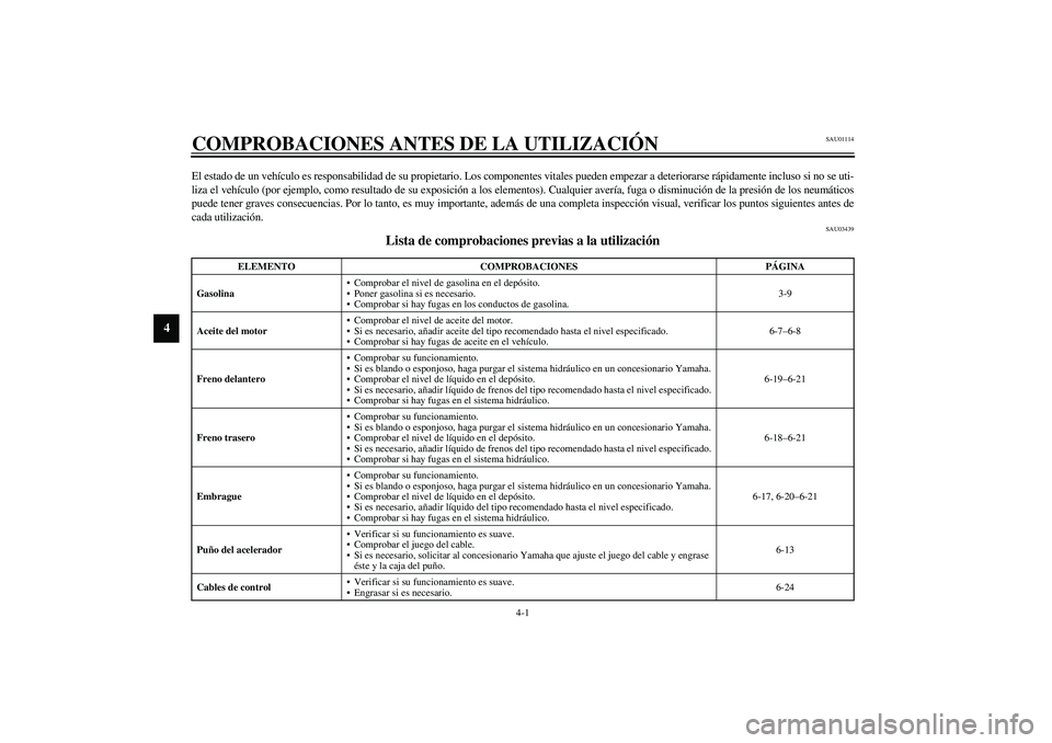 YAMAHA XJR 1300 2003  Manuale de Empleo (in Spanish) 4-1
4
SAU01114
4-COMPROBACIONES ANTES DE LA UTILIZACIÓNEl estado de un vehículo es responsabilidad de su propietario. Los componentes vitales pueden empezar a deteriorarse rápidamente incluso si no