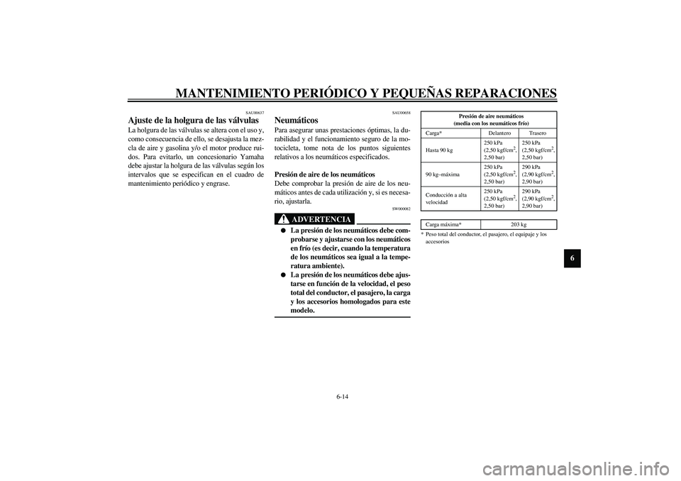 YAMAHA XJR 1300 2003  Manuale de Empleo (in Spanish) MANTENIMIENTO PERIÓDICO Y PEQUEÑAS REPARACIONES
6-14
6
SAU00637
Ajuste de la holgura de las válvulas La holgura de las válvulas se altera con el uso y,
como consecuencia de ello, se desajusta la m