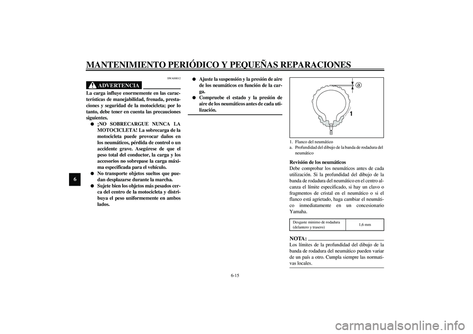 YAMAHA XJR 1300 2003 Manuale de Empleo (in Spanish) MANTENIMIENTO PERIÓDICO Y PEQUEÑAS REPARACIONES
6-15
6
SWA00012
ADVERTENCIA
_ La carga influye enormemente en las carac-
terísticas de manejabilidad, frenada, presta-
ciones y seguridad de la motoc YAMAHA XJR 1300 2003 Manuale de Empleo (in Spanish) MANTENIMIENTO PERIÓDICO Y PEQUEÑAS REPARACIONES
6-15
6
SWA00012
ADVERTENCIA
_ La carga influye enormemente en las carac-
terísticas de manejabilidad, frenada, presta-
ciones y seguridad de la motoc