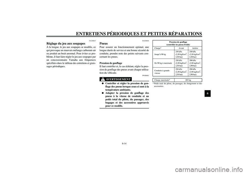 YAMAHA XJR 1300 2003  Notices Demploi (in French) ENTRETIENS PÉRIODIQUES ET PETITES RÉPARATIONS
6-14
6
FAU00637
Réglage du jeu aux soupapes À la longue, le jeu aux soupapes se modifie, ce
qui provoque un mauvais mélange carburant-air
ou produit 