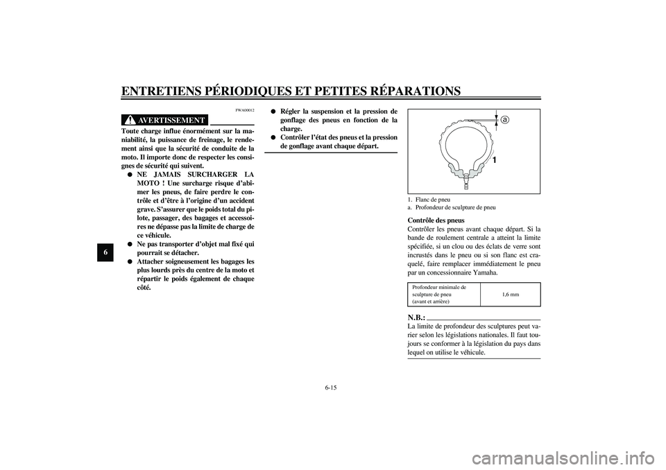 YAMAHA XJR 1300 2003  Notices Demploi (in French) ENTRETIENS PÉRIODIQUES ET PETITES RÉPARATIONS
6-15
6
FWA00012
AVERTISSEMENT
_ Toute charge influe énormément sur la ma-
niabilité, la puissance de freinage, le rende-
ment ainsi que la sécurité