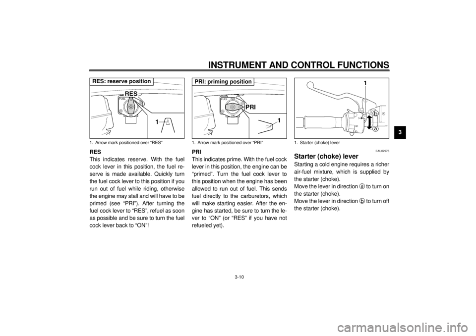 YAMAHA XJR 1300 2001 Owners Manual INSTRUMENT AND CONTROL FUNCTIONS
3-10
3
RES
This indicates reserve. With the fuel
cock lever in this position, the fuel re-
serve is made available. Quickly turn
the fuel cock lever to this position i YAMAHA XJR 1300 2001 Owners Manual INSTRUMENT AND CONTROL FUNCTIONS
3-10
3
RES
This indicates reserve. With the fuel
cock lever in this position, the fuel re-
serve is made available. Quickly turn
the fuel cock lever to this position i