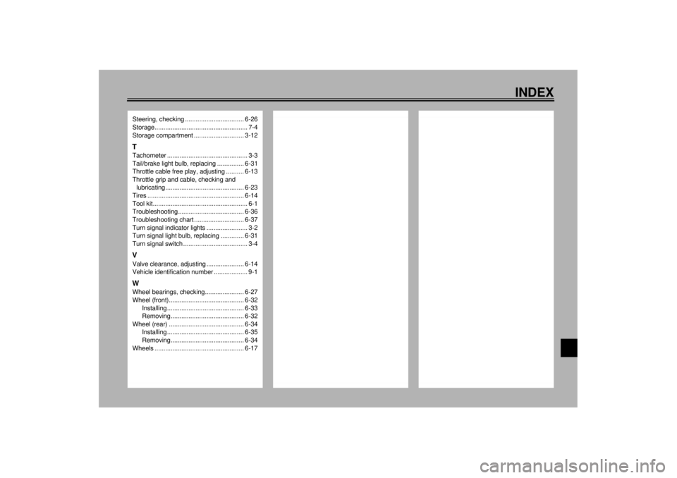 YAMAHA XJR 1300 2001 Owners Manual INDEX
Steering, checking ................................. 6-26
Storage.................................................... 7-4
Storage compartment ............................ 3-12TTachometer ....... YAMAHA XJR 1300 2001 Owners Manual INDEX
Steering, checking ................................. 6-26
Storage.................................................... 7-4
Storage compartment ............................ 3-12TTachometer .......