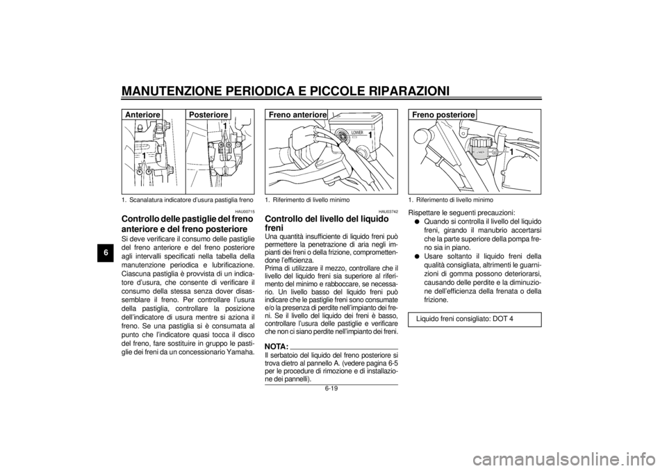 YAMAHA XJR 1300 2001  Manuale duso (in Italian) MANUTENZIONE PERIODICA E PICCOLE RIPARAZIONI
6-19
6
HAU00715
Controllo delle pastiglie del freno 
anteriore e del freno posteriore Si deve verificare il consumo delle pastiglie
del freno anteriore e d