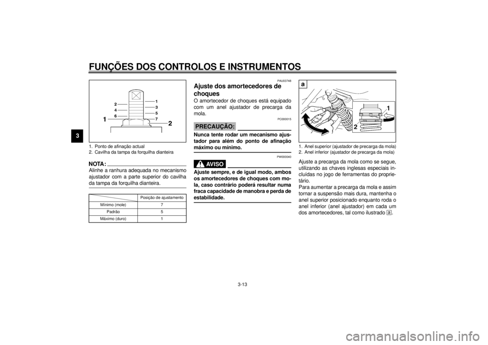 YAMAHA XJR 1300 2001 Manual de utilização (in Portuguese) FUNÇÕES DOS CONTROLOS E INSTRUMENTOS
3-13
3
NOTA:_ Alinhe a ranhura adequada no mecanismo
ajustador com a parte superior do cavilha
da tampa da forquilha dianteira. _CI-10PPAU03748
Ajuste dos amorte YAMAHA XJR 1300 2001 Manual de utilização (in Portuguese) FUNÇÕES DOS CONTROLOS E INSTRUMENTOS
3-13
3
NOTA:_ Alinhe a ranhura adequada no mecanismo
ajustador com a parte superior do cavilha
da tampa da forquilha dianteira. _CI-10PPAU03748
Ajuste dos amorte