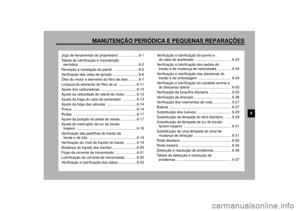 YAMAHA XJR 1300 2001  Manual de utilização (in Portuguese) MANUTENÇÃO PERIÓDICA E PEQUENAS REPARAÇÕES
6
Jogo de ferramentas do proprietário .................... 6-1
Tabela de lubrificação e manutenção 
periódica ....................................