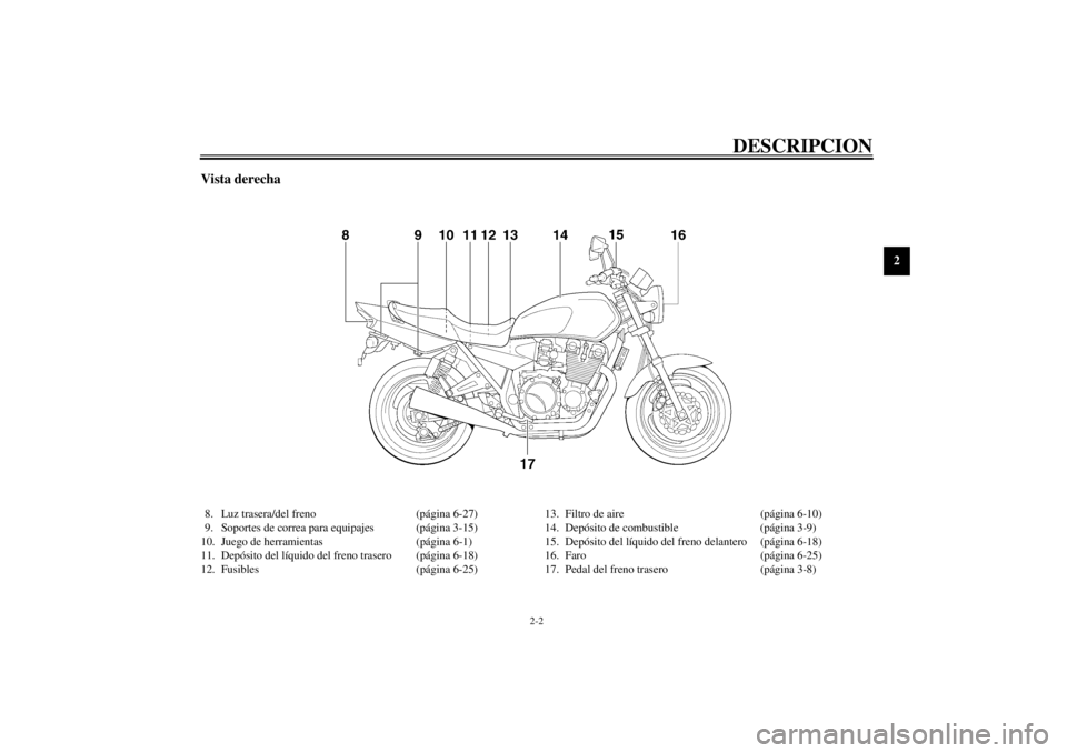 YAMAHA XJR 1300 2000 Manuale de Empleo (in Spanish) DESCRIPCION
2-2
2
Vista derecha8. Luz trasera/del freno (página 6-27)
9. Soportes de correa para equipajes (página 3-15)
10. Juego de herramientas (página 6-1)
11. Depósito del líquido del freno YAMAHA XJR 1300 2000 Manuale de Empleo (in Spanish) DESCRIPCION
2-2
2
Vista derecha8. Luz trasera/del freno (página 6-27)
9. Soportes de correa para equipajes (página 3-15)
10. Juego de herramientas (página 6-1)
11. Depósito del líquido del freno