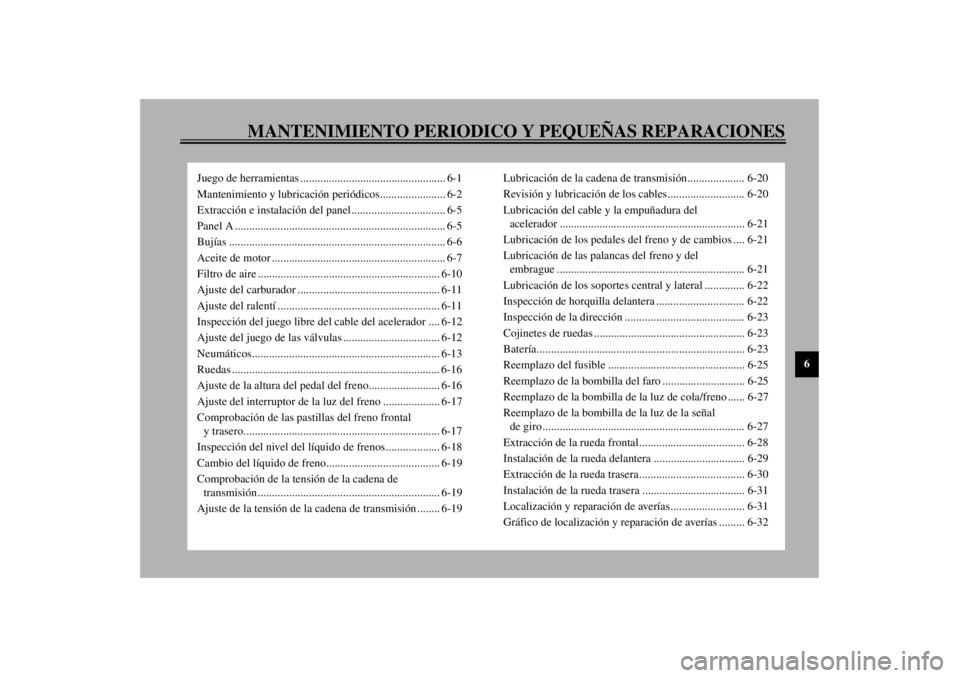 YAMAHA XJR 1300 2000 Manuale de Empleo (in Spanish) 6
MANTENIMIENTO PERIODICO Y PEQUEÑAS REPARACIONES
Juego de herramientas ................................................... 6-1
Mantenimiento y lubricación periódicos....................... 6-2
Ext YAMAHA XJR 1300 2000 Manuale de Empleo (in Spanish) 6
MANTENIMIENTO PERIODICO Y PEQUEÑAS REPARACIONES
Juego de herramientas ................................................... 6-1
Mantenimiento y lubricación periódicos....................... 6-2
Ext