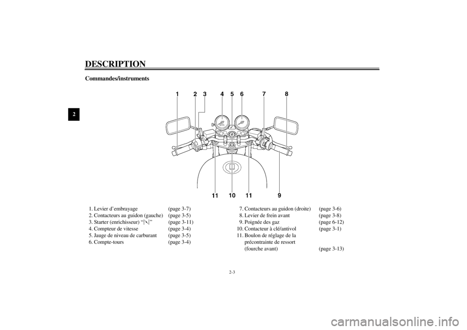 YAMAHA XJR 1300 2000 Notices Demploi (in French) DESCRIPTION
2-3
2
Commandes/instruments1. Levier d’embrayage (page 3-7)
2. Contacteurs au guidon (gauche) (page 3-5)
3. Starter (enrichisseur) “ ” (page 3-11)
4. Compteur de vitesse (page 3-4)
5 YAMAHA XJR 1300 2000 Notices Demploi (in French) DESCRIPTION
2-3
2
Commandes/instruments1. Levier d’embrayage (page 3-7)
2. Contacteurs au guidon (gauche) (page 3-5)
3. Starter (enrichisseur) “ ” (page 3-11)
4. Compteur de vitesse (page 3-4)
5
