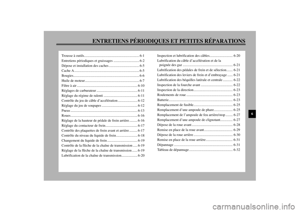 YAMAHA XJR 1300 2000 Notices Demploi (in French) 6
ENTRETIENS PÉRIODIQUES ET PETITES RÉPARATIONS
Trousse à outils.............................................................. 6-1
Entretiens périodiques et graissages ............................ YAMAHA XJR 1300 2000 Notices Demploi (in French) 6
ENTRETIENS PÉRIODIQUES ET PETITES RÉPARATIONS
Trousse à outils.............................................................. 6-1
Entretiens périodiques et graissages ............................