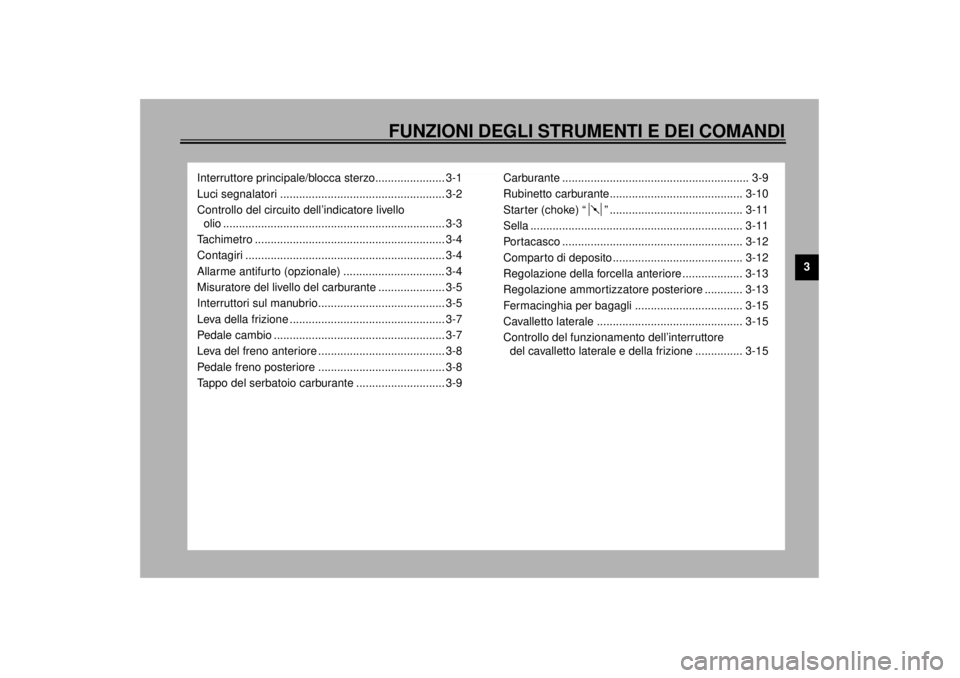 YAMAHA XJR 1300 2000 Manuale duso (in Italian) 3
FUNZIONI DEGLI STRUMENTI E DEI COMANDI
Interruttore principale/blocca sterzo...................... 3-1
Luci segnalatori .................................................... 3-2
Controllo del circuit YAMAHA XJR 1300 2000 Manuale duso (in Italian) 3
FUNZIONI DEGLI STRUMENTI E DEI COMANDI
Interruttore principale/blocca sterzo...................... 3-1
Luci segnalatori .................................................... 3-2
Controllo del circuit