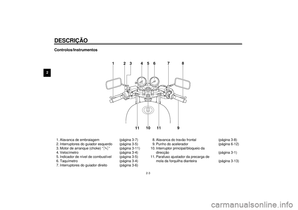 YAMAHA XJR 1300 2000  Manual de utilização (in Portuguese) DESCRIÇÃO
2-3
2
Controlos/Instrumentos1. Alavanca de embraiagem (página 3-7)
2. Interruptores do guiador esquerdo (página 3-5)
3. Motor de arranque (choke) “ ” (página 3-11)
4. Velocímetro (