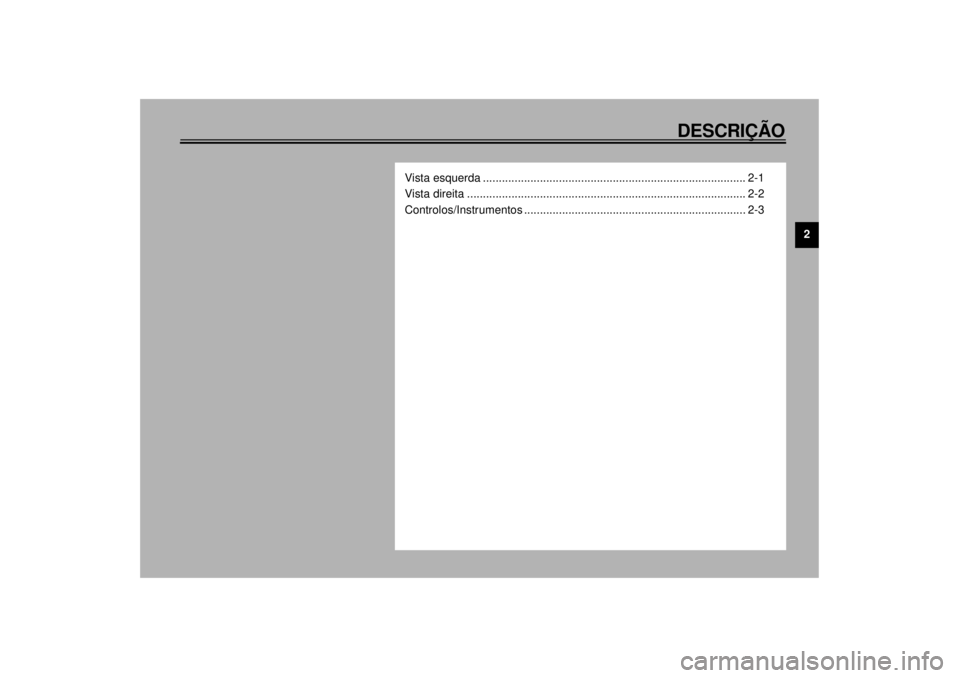 YAMAHA XJR 1300 2000  Manual de utilização (in Portuguese) 2
DESCRIÇÃO
Vista esquerda ................................................................................... 2-1
Vista direita .....................................................................