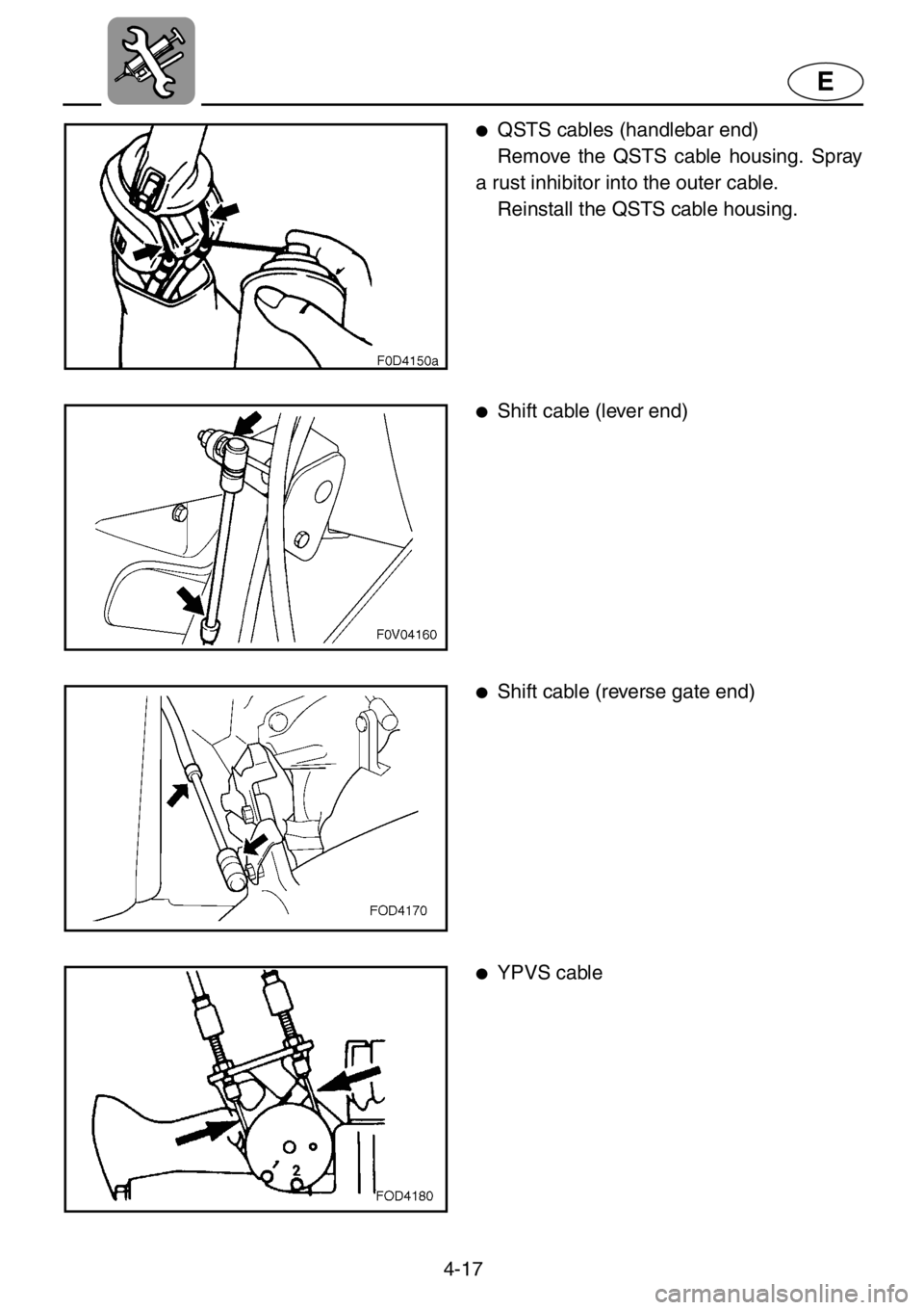 YAMAHA XL 1200 2001 Owners Manual 4-17
E
●QSTS cables (handlebar end)
Remove the QSTS cable housing. Spray
a rust inhibitor into the outer cable.
Reinstall the QSTS cable housing.
●Shift cable (lever end)
●Shift cable (reverse g YAMAHA XL 1200 2001 Owners Manual 4-17
E
●QSTS cables (handlebar end)
Remove the QSTS cable housing. Spray
a rust inhibitor into the outer cable.
Reinstall the QSTS cable housing.
●Shift cable (lever end)
●Shift cable (reverse g