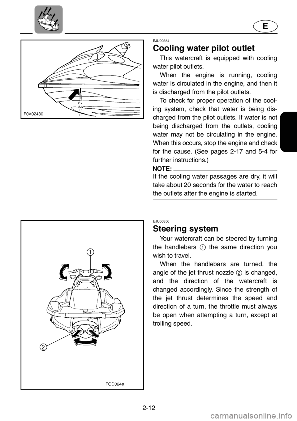 YAMAHA XL 1200 2001 Owners Guide 2-12
E
EJU00354
Cooling water pilot outlet
This watercraft is equipped with cooling
water pilot outlets.
When the engine is running, cooling
water is circulated in the engine, and then it
is discharge YAMAHA XL 1200 2001 Owners Guide 2-12
E
EJU00354
Cooling water pilot outlet
This watercraft is equipped with cooling
water pilot outlets.
When the engine is running, cooling
water is circulated in the engine, and then it
is discharge