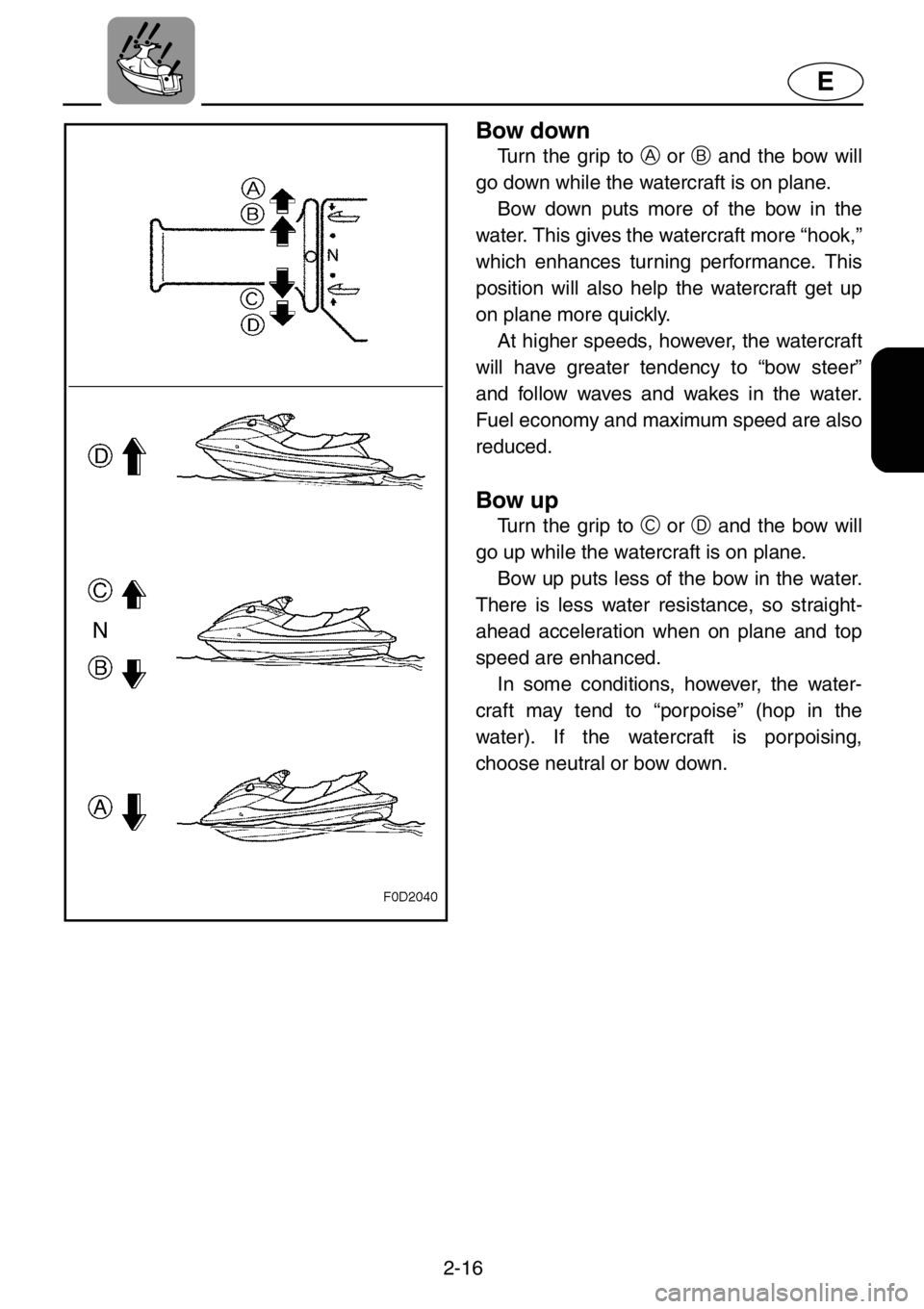 YAMAHA XL 1200 2001 Service Manual 2-16
E
Bow down
Turn the grip to A or B and the bow will
go down while the watercraft is on plane.
Bow down puts more of the bow in the
water. This gives the watercraft more “hook,”
which enhances YAMAHA XL 1200 2001 Service Manual 2-16
E
Bow down
Turn the grip to A or B and the bow will
go down while the watercraft is on plane.
Bow down puts more of the bow in the
water. This gives the watercraft more “hook,”
which enhances