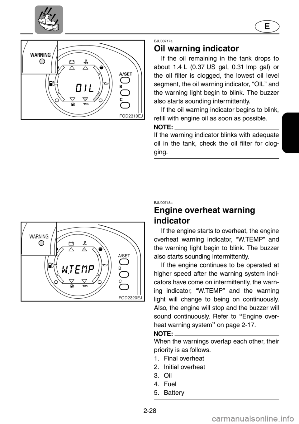 YAMAHA XL 1200 2001 Owners Manual 2-28
E
EJU00717a
Oil warning indicator
If the oil remaining in the tank drops to
about 1.4 L (0.37 US gal, 0.31 Imp gal) or
the oil filter is clogged, the lowest oil level
segment, the oil warning ind YAMAHA XL 1200 2001 Owners Manual 2-28
E
EJU00717a
Oil warning indicator
If the oil remaining in the tank drops to
about 1.4 L (0.37 US gal, 0.31 Imp gal) or
the oil filter is clogged, the lowest oil level
segment, the oil warning ind