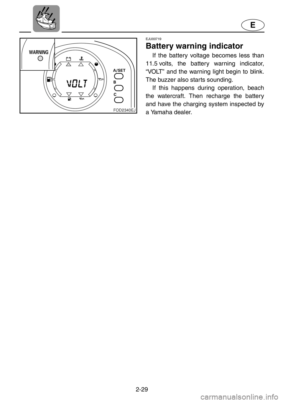YAMAHA XL 1200 2001 Owners Manual 2-29
E
EJU00719
Battery warning indicator
If the battery voltage becomes less than
11.5 volts, the battery warning indicator,
“VOLT” and the warning light begin to blink.
The buzzer also starts so YAMAHA XL 1200 2001 Owners Manual 2-29
E
EJU00719
Battery warning indicator
If the battery voltage becomes less than
11.5 volts, the battery warning indicator,
“VOLT” and the warning light begin to blink.
The buzzer also starts so