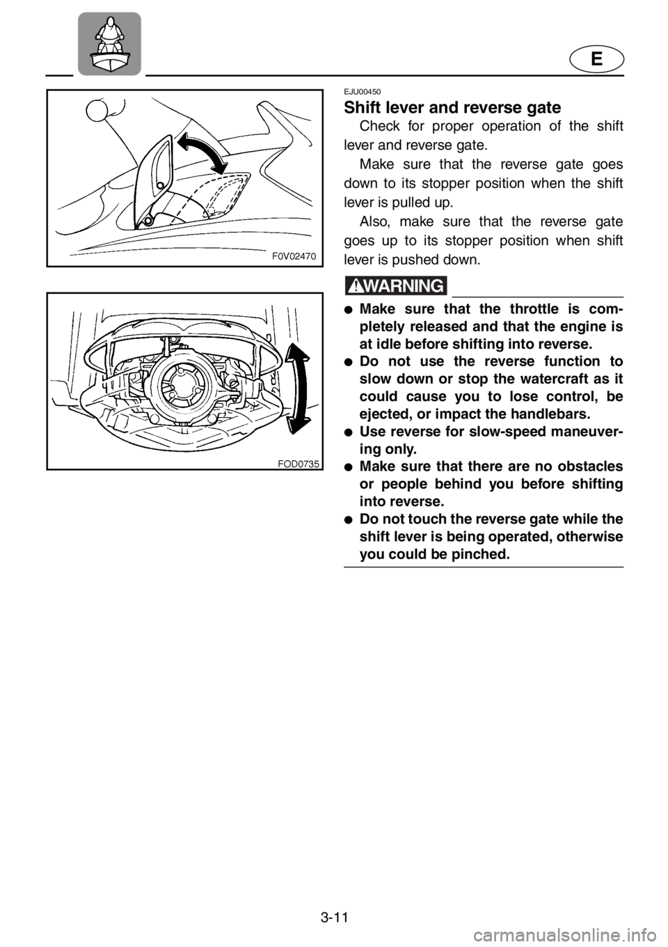 YAMAHA XL 1200 2001 Repair Manual 3-11
E
EJU00450
Shift lever and reverse gate
Check for proper operation of the shift
lever and reverse gate.
Make sure that the reverse gate goes
down to its stopper position when the shift
lever is p YAMAHA XL 1200 2001 Repair Manual 3-11
E
EJU00450
Shift lever and reverse gate
Check for proper operation of the shift
lever and reverse gate.
Make sure that the reverse gate goes
down to its stopper position when the shift
lever is p