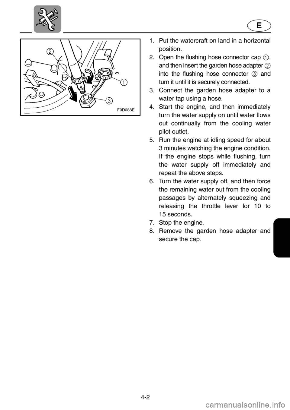 YAMAHA XL 1200 2001 Owners Manual 4-2
E
1. Put the watercraft on land in a horizontal
position.
2. Open the flushing hose connector cap 1,
and then inser t the garden hose adapter
2
into the flushing hose connector 3 and
turn it unti YAMAHA XL 1200 2001 Owners Manual 4-2
E
1. Put the watercraft on land in a horizontal
position.
2. Open the flushing hose connector cap 1,
and then inser t the garden hose adapter
2
into the flushing hose connector 3 and
turn it unti