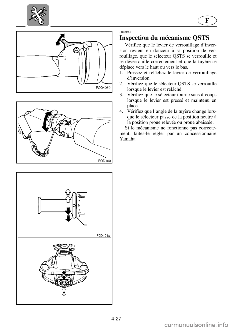 YAMAHA XL 1200 2001 Manuale de Empleo (in Spanish) 4-27
F
FJU00551
Inspection du mécanisme QSTS
Vérifiez que le levier de verrouillage d’inver-
sion revient en douceur à sa position de ver-
rouillage, que le sélecteur QSTS se verrouille et
se YAMAHA XL 1200 2001 Manuale de Empleo (in Spanish) 4-27
F
FJU00551
Inspection du mécanisme QSTS
Vérifiez que le levier de verrouillage d’inver-
sion revient en douceur à sa position de ver-
rouillage, que le sélecteur QSTS se verrouille et
se