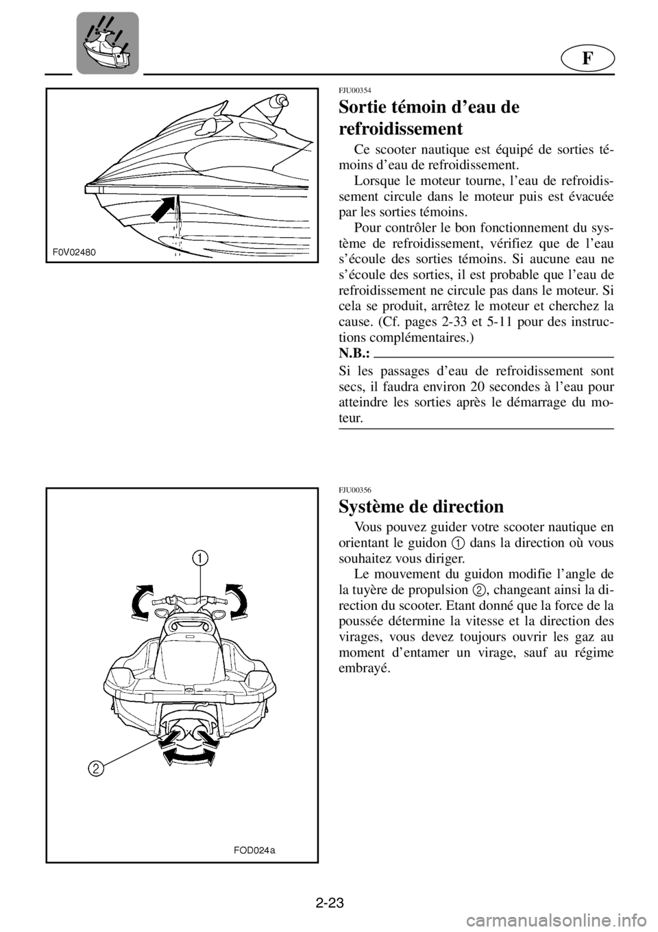YAMAHA XL 1200 2001 Manuale de Empleo (in Spanish) 2-23
F
FJU00354
Sortie témoin d’eau de
refroidissement
Ce scooter nautique est équipé de sorties té-
moins d’eau de refroidissement.
Lorsque le moteur tourne, l’eau de refroidis-
sement YAMAHA XL 1200 2001 Manuale de Empleo (in Spanish) 2-23
F
FJU00354
Sortie témoin d’eau de
refroidissement
Ce scooter nautique est équipé de sorties té-
moins d’eau de refroidissement.
Lorsque le moteur tourne, l’eau de refroidis-
sement