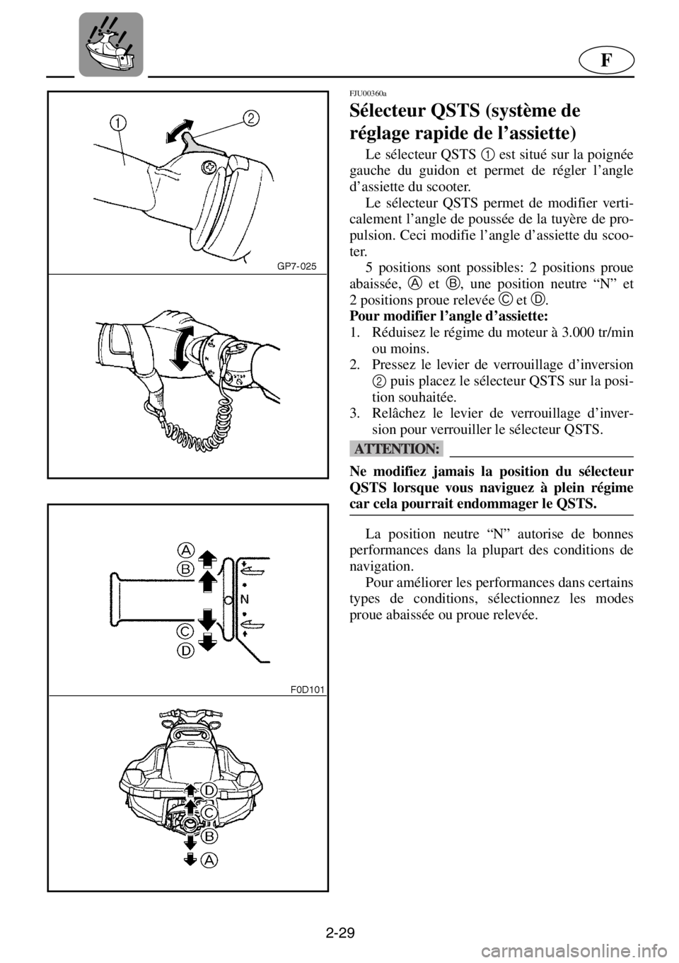 YAMAHA XL 1200 2001  Notices Demploi (in French) 2-29
F
FJU00360a 
Sélecteur QSTS (système de 
réglage rapide de l’assiette)
Le sélecteur QSTS 1
 est situé sur la poignée
gauche du guidon et permet de régler l’angle
d’assiette du scoote