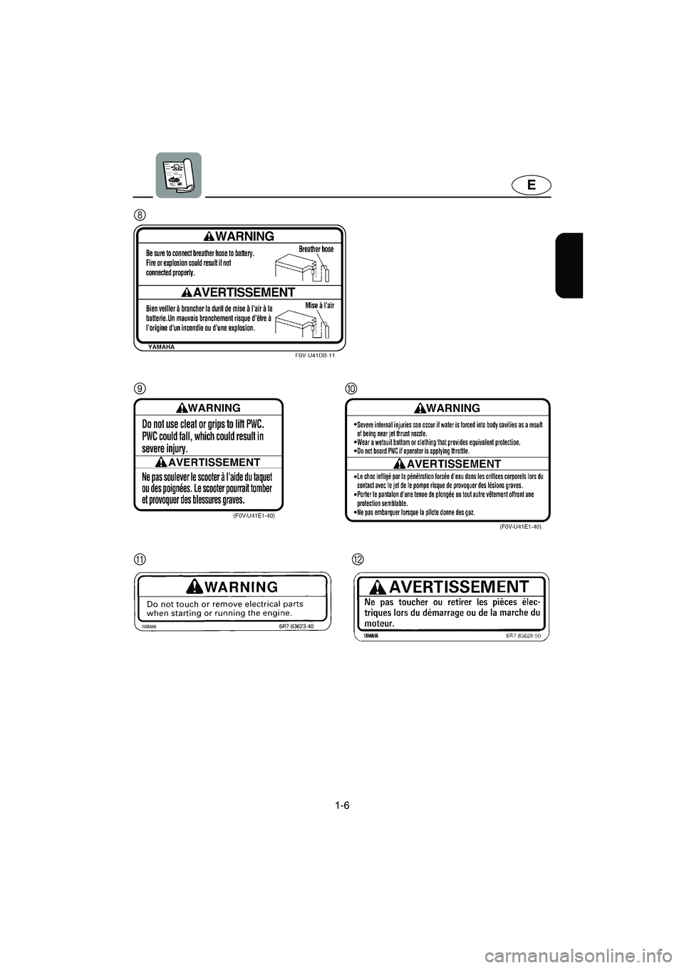 YAMAHA XL 700 2005 User Guide 1-6
E
9
8
0
AB
E_F0M-70.book  Page 6  Wednesday, June 23, 2004  4:52 PM 