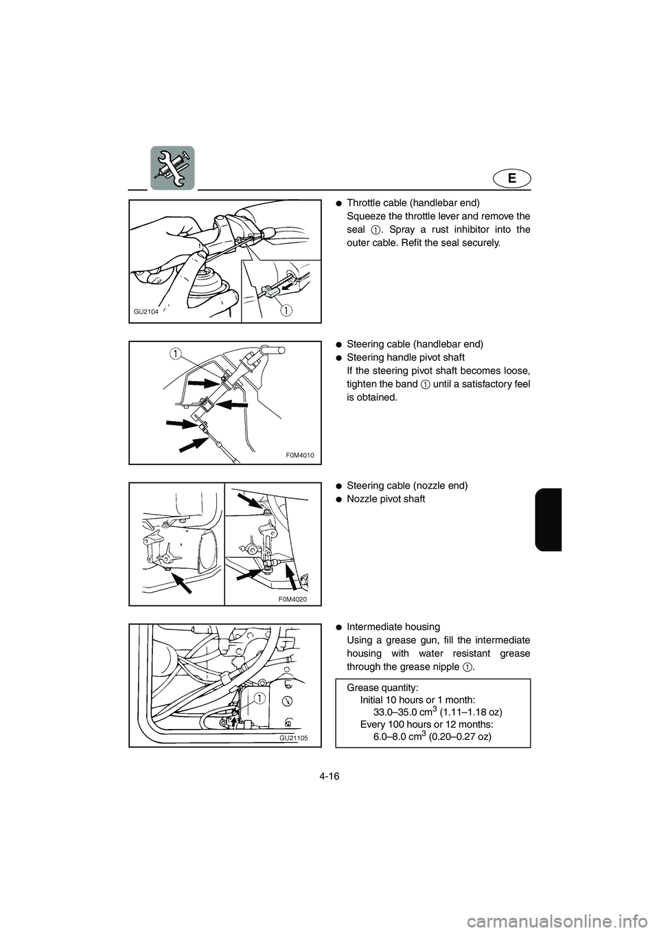 YAMAHA XL 700 2005  Owners Manual 4-16
E
Throttle cable (handlebar end) 
Squeeze the throttle lever and remove the
seal 1. Spray a rust inhibitor into the
outer cable. Refit the seal securely. 
Steering cable (handlebar end) 
Steer