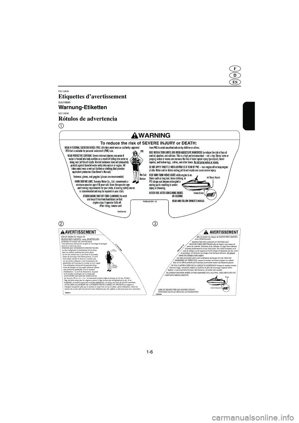 YAMAHA XL 700 2005  Manuale de Empleo (in Spanish) 1-6
D
F
ES
FJU19890
Etiquettes d’avertissement GJU19890
Warnung-Etiketten 
SJU19890 
Rótulos de advertencia 
1
2
3
A_F0M80.book  Page 6  Friday, June 25, 2004  11:46 AM 