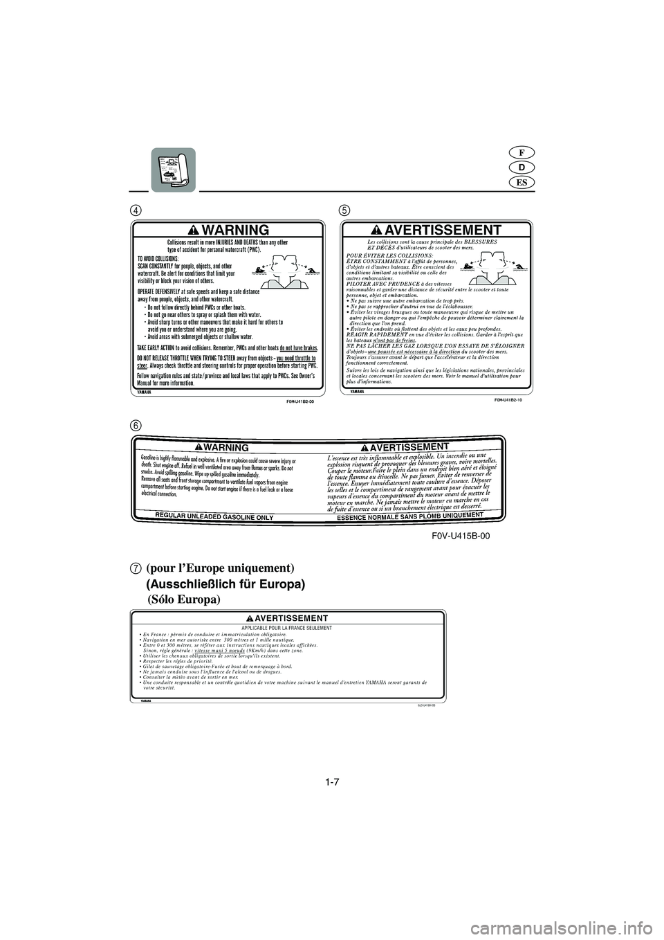 YAMAHA XL 700 2005  Manuale de Empleo (in Spanish) 1-7
D
F
ES
7 6 45(pour l’Europe uniquement)
(Ausschließlich für Europa)
(Sólo Europa)
A_F0M80.book  Page 7  Friday, June 25, 2004  11:46 AM 