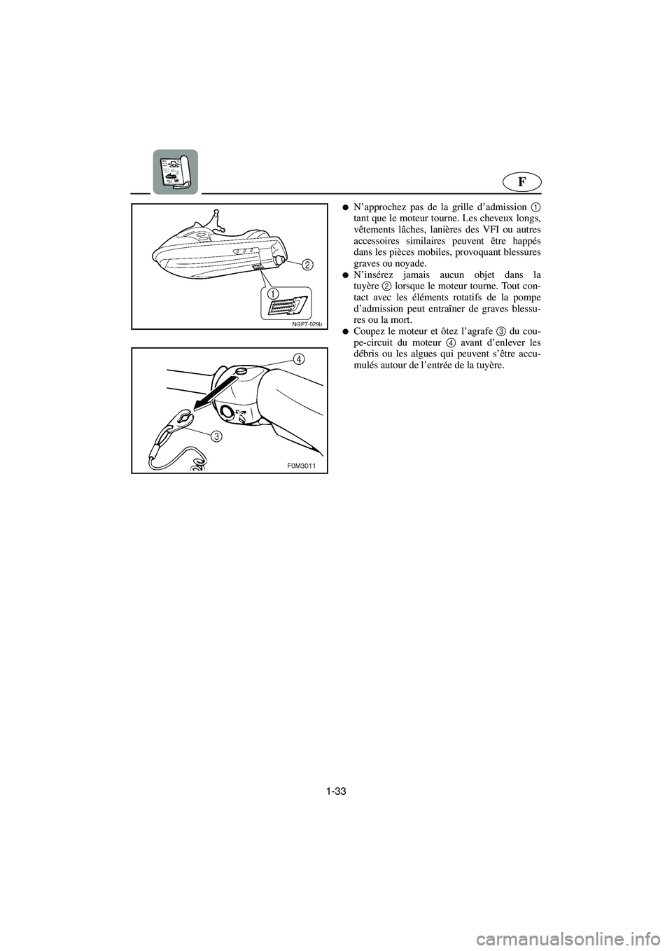 YAMAHA XL 700 2005  Manuale de Empleo (in Spanish) 1-33
F
N’approchez pas de la grille d’admission 1
tant que le moteur tourne. Les cheveux longs,
vêtements lâches, lanières des VFI ou autres
accessoires similaires peuvent être happés
dans l