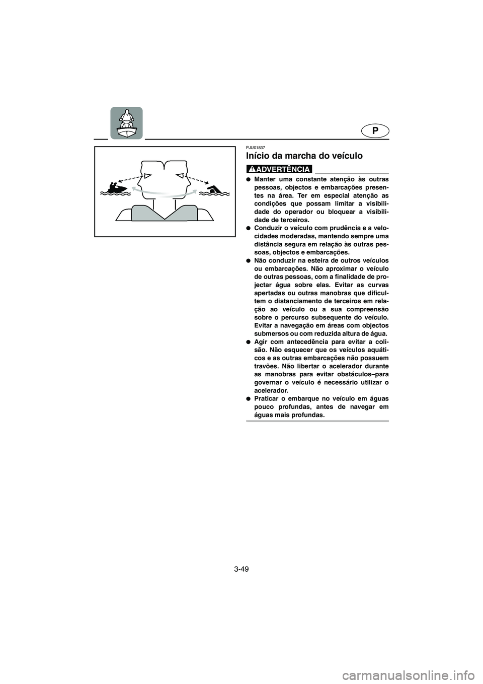 YAMAHA XL 700 2005  Manual de utilização (in Portuguese) 3-49
P
PJU01837 
Início da marcha do veículo  
@ Manter uma constante atenção às outras
pessoas, objectos e embarcações presen-
tes na área. Ter em especial atenção as
condições que possa