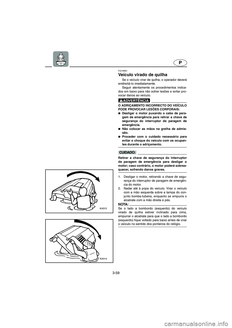 YAMAHA XL 700 2005  Manual de utilização (in Portuguese) 3-59
P
PJU18831
Veículo virado de quilha 
Se o veículo virar de quilha, o operador deverá
endireitá-lo imediatamente. 
Seguir atentamente os procedimentos indica-
dos em baixo para não sofrer les