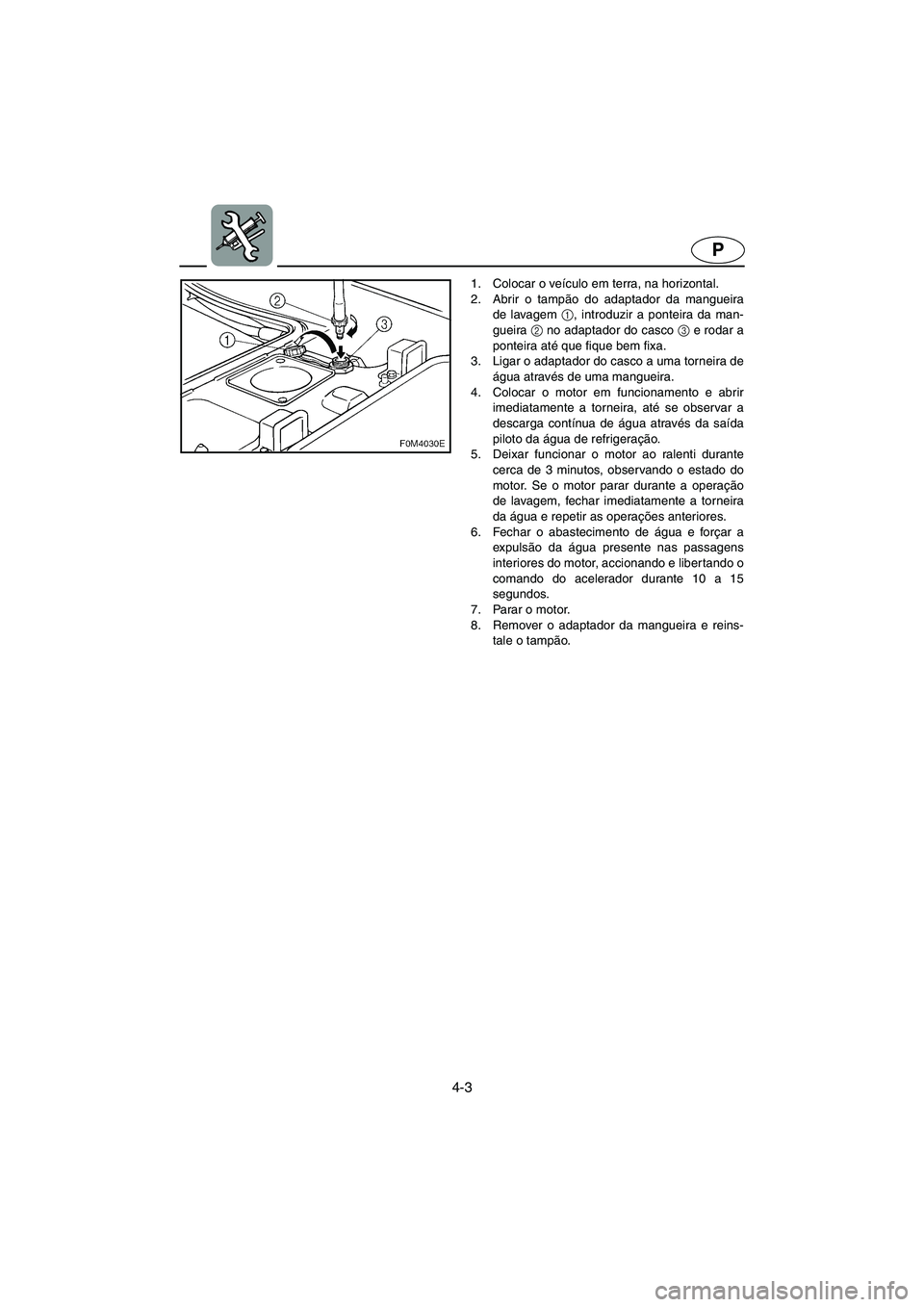 YAMAHA XL 700 2005 Manual de utilização (in Portuguese) 4-3
P
1. Colocar o veículo em terra, na horizontal.
2. Abrir o tampão do adaptador da mangueira
de lavagem 1
, introduzir a ponteira da man-
gueira 2
no adaptador do casco 3
e rodar a
ponteira at YAMAHA XL 700 2005 Manual de utilização (in Portuguese) 4-3
P
1. Colocar o veículo em terra, na horizontal.
2. Abrir o tampão do adaptador da mangueira
de lavagem 1
, introduzir a ponteira da man-
gueira 2
no adaptador do casco 3
e rodar a
ponteira at