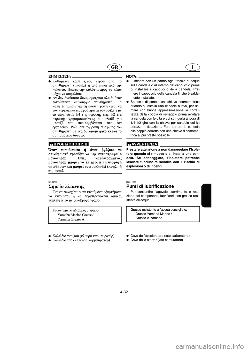 YAMAHA XL 700 2005  Manual de utilização (in Portuguese) 4-32
IGR
@ Καθαρίστε κάθε ίχνος νερού από το
σπινθηριστή (μπουζί) ή από μέσα από την
καλόττα. Πιέστε την καλόττα πρ