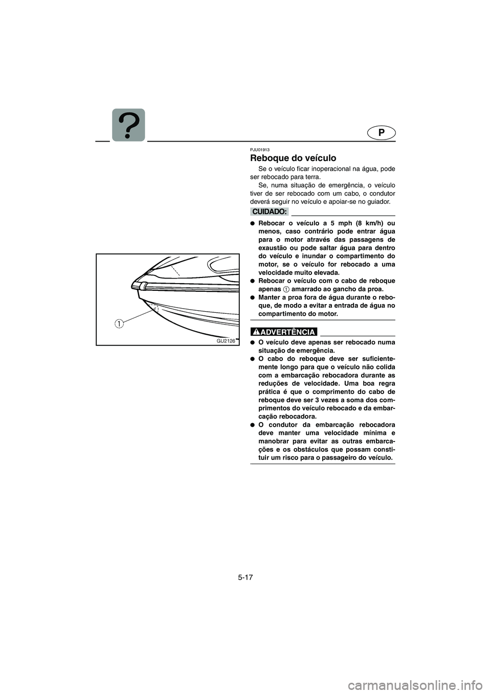 YAMAHA XL 700 2005 Manual de utilização (in Portuguese) 5-17
P
PJU01913
Reboque do veículo
Se o veículo ficar inoperacional na água, pode
ser rebocado para terra.
Se, numa situação de emergência, o veículo
tiver de ser rebocado com um cabo, o cond YAMAHA XL 700 2005 Manual de utilização (in Portuguese) 5-17
P
PJU01913
Reboque do veículo
Se o veículo ficar inoperacional na água, pode
ser rebocado para terra.
Se, numa situação de emergência, o veículo
tiver de ser rebocado com um cabo, o cond