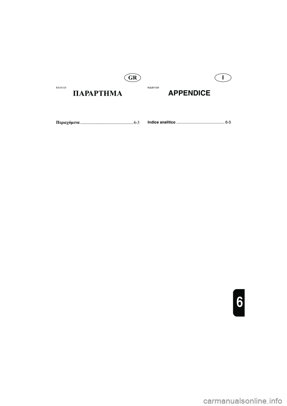 YAMAHA XL 700 2005 Manual de utilização (in Portuguese) IGR
6
RJU01124
ΠΑΡΑΡΤΗΜΑ
Περιεχόμενα
................................................. 6-3
HJU01124
APPENDICE
Indice analitico............................................. 6-5
B_ YAMAHA XL 700 2005 Manual de utilização (in Portuguese) IGR
6
RJU01124
ΠΑΡΑΡΤΗΜΑ
Περιεχόμενα
................................................. 6-3
HJU01124
APPENDICE
Indice analitico............................................. 6-5
B_