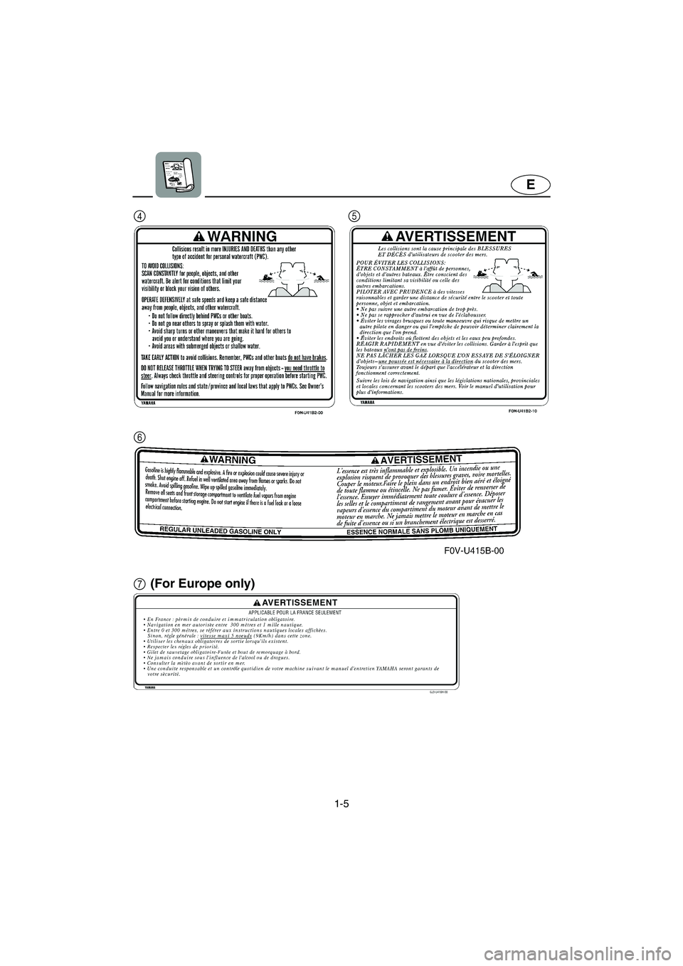 YAMAHA XL 700 2004 User Guide 1-5
E
7 6 45
(For Europe only)
UF0M75.book  Page 5  Thursday, May 29, 2003  9:53 AM 