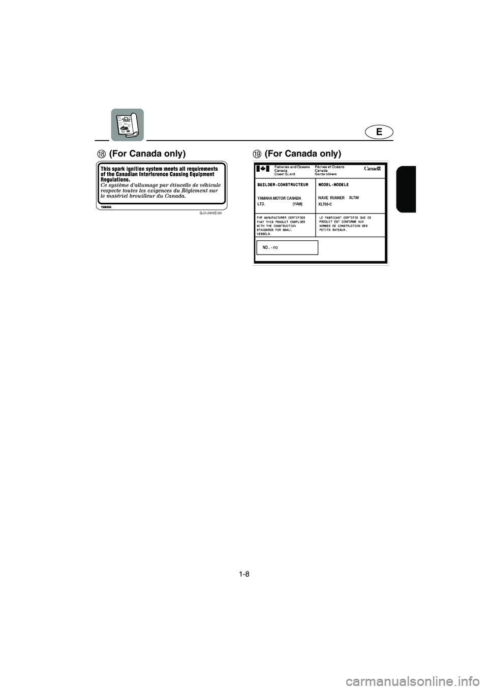 YAMAHA XL 700 2004 User Guide 1-8
E
HI(For Canada only) (For Canada only)
UF0M75.book  Page 8  Thursday, May 29, 2003  9:53 AM 