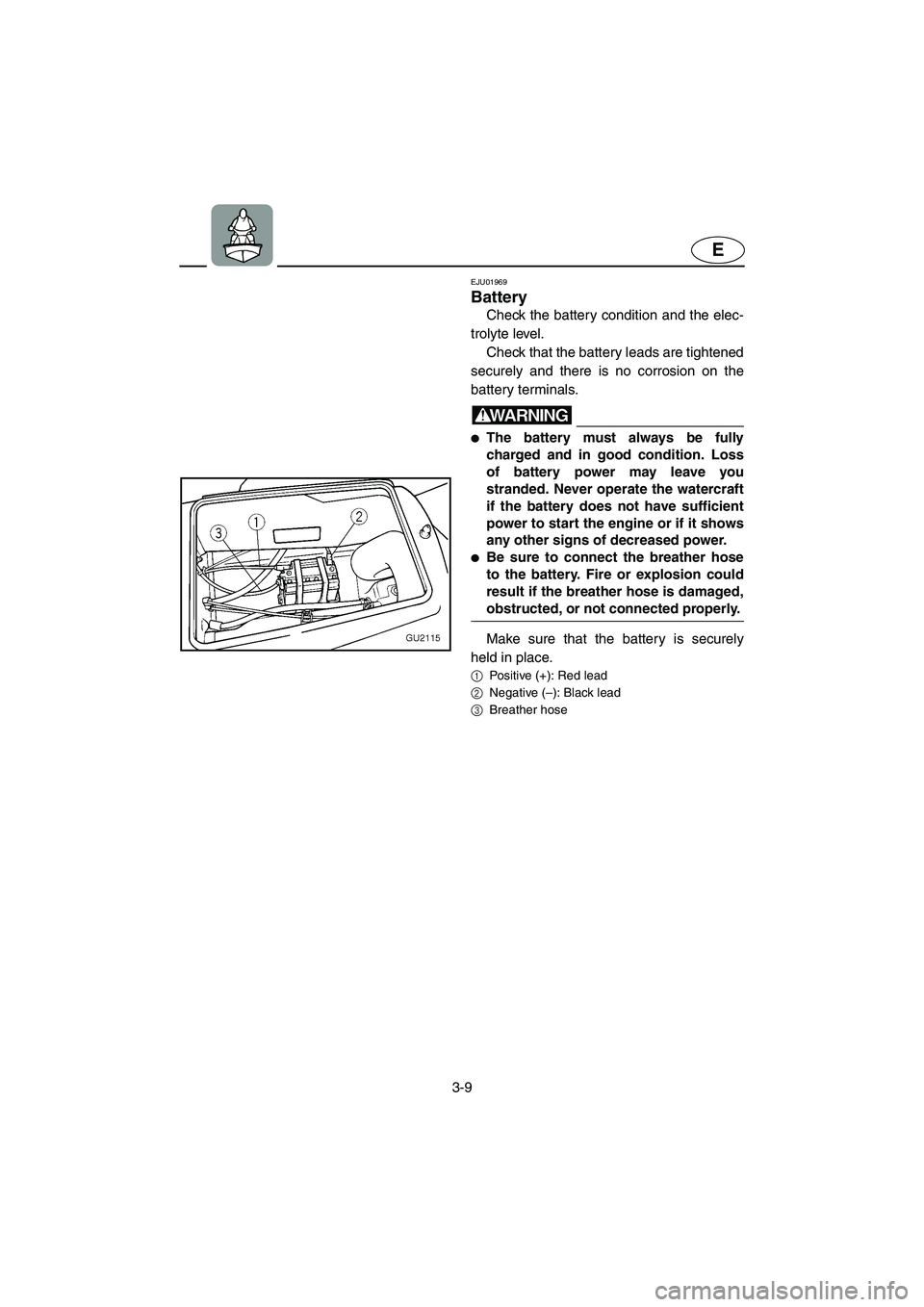 YAMAHA XL 700 2004 Workshop Manual 3-9
E
EJU01969 
Battery 
Check the battery condition and the elec-
trolyte level. 
Check that the battery leads are tightened
securely and there is no corrosion on the
battery terminals.
WARNING@ The