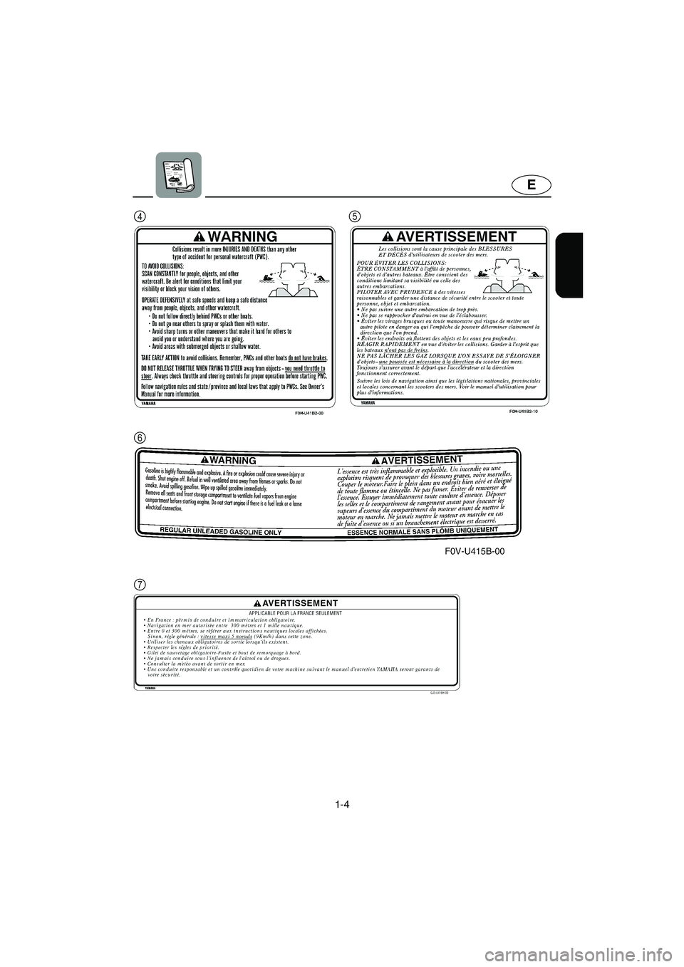 YAMAHA XL 700 2003 User Guide 1-4
E
7 6 45
UF0M74.book  Page 4  Wednesday, July 31, 2002  2:45 PM 