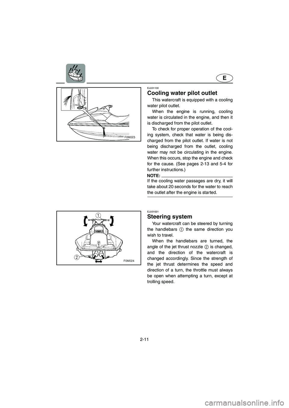 YAMAHA XL 700 2003 Owners Guide 2-11
E
EJU01130 
Cooling water pilot outlet  
This watercraft is equipped with a cooling
water pilot outlet. 
When the engine is running, cooling
water is circulated in the engine, and then it
is disc