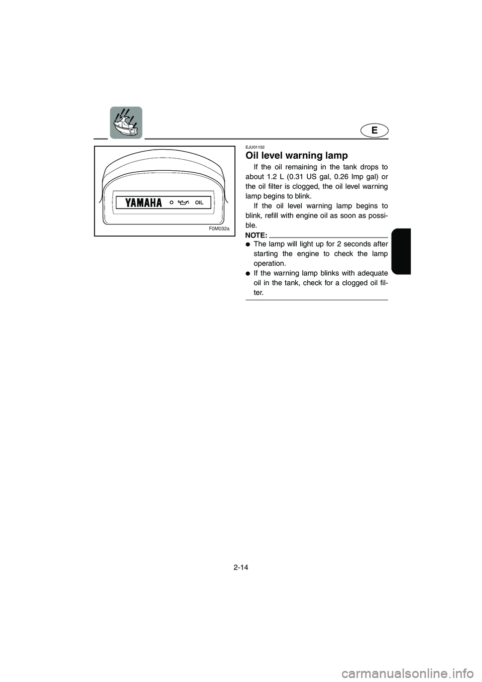 YAMAHA XL 700 2003 Owners Guide 2-14
E
EJU01132 
Oil level warning lamp  
If the oil remaining in the tank drops to
about 1.2 L (0.31 US gal, 0.26 Imp gal) or
the oil filter is clogged, the oil level warning
lamp begins to blink. 
I