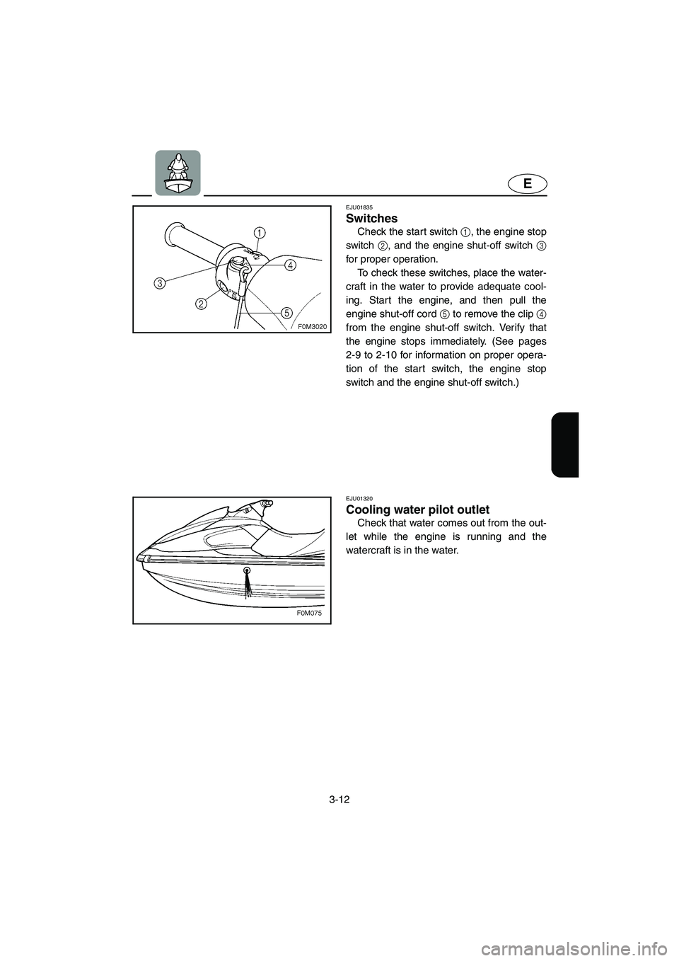 YAMAHA XL 700 2003 Workshop Manual 3-12
E
EJU01835
Switches 
Check the start switch 1, the engine stop
switch 2, and the engine shut-off switch 3
for proper operation. 
To check these switches, place the water-
craft in the water to pr