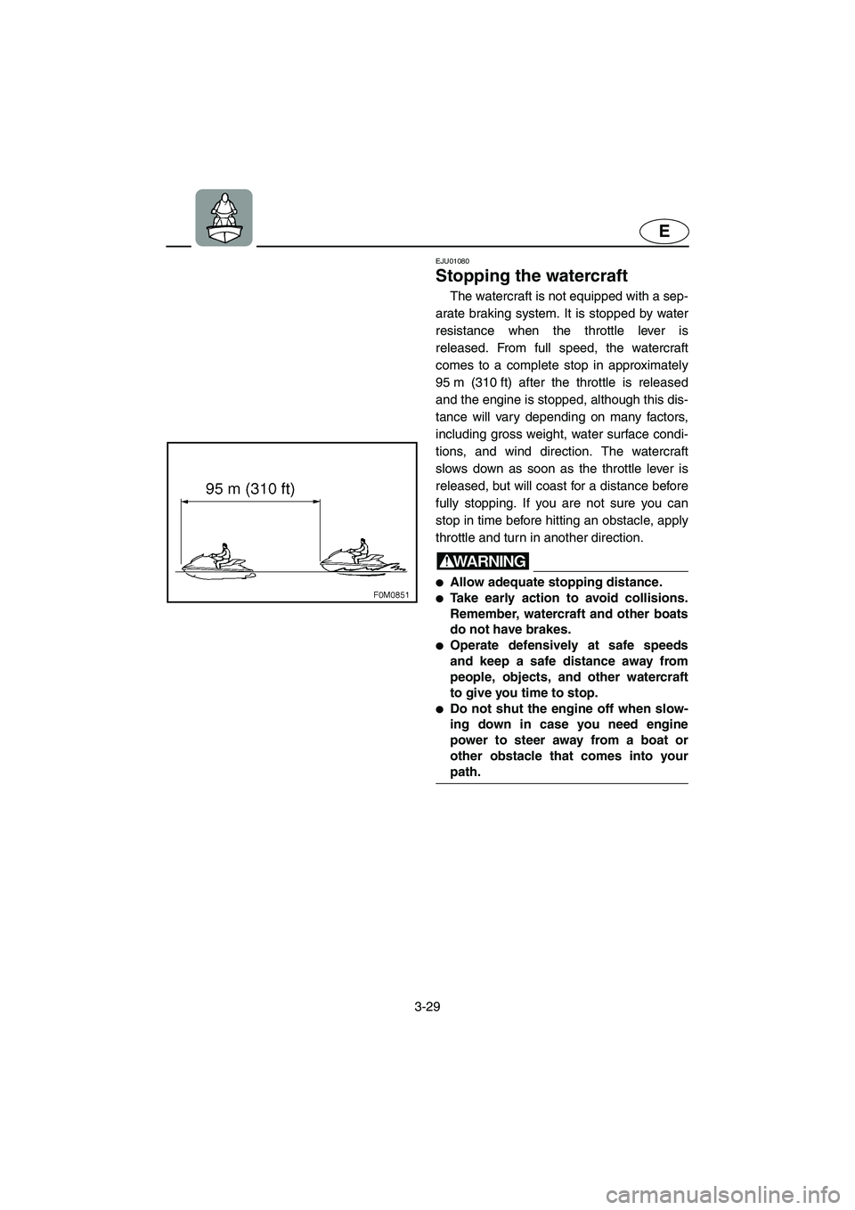 YAMAHA XL 700 2003 Repair Manual 3-29
E
EJU01080 
Stopping the watercraft  
The watercraft is not equipped with a sep-
arate braking system. It is stopped by water
resistance when the throttle lever is
released. From full speed, the 